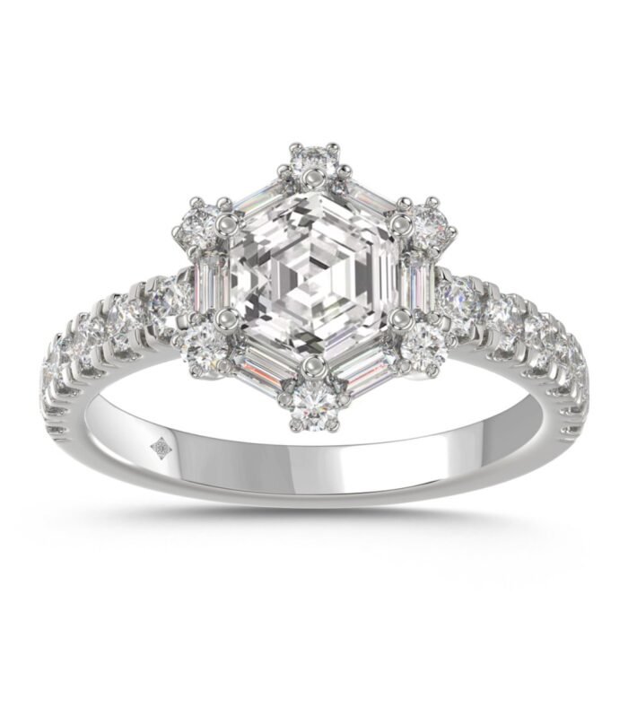 14K WHITE GOLD 1 3/4CT ROUND/BAGUETTE/HEZAGON STEP CUT DIAMOND LADIES RING