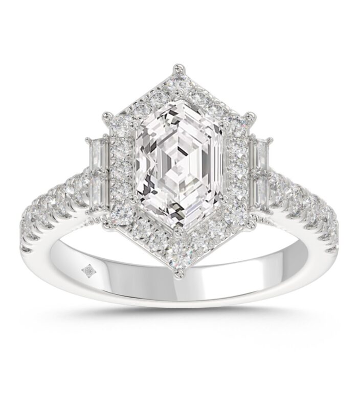 14K WHITE GOLD 2 1/4CT ROUND/BAGUETTE/HEXAGON DIAMOND LADIES RING