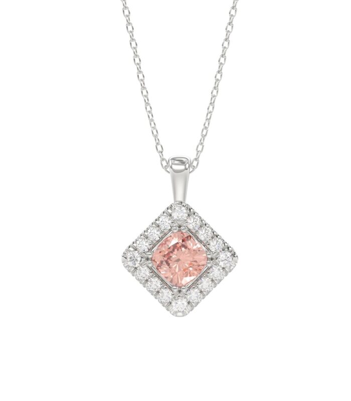 14K WHITE GOLD CRAFTED WITH 18K YELLOW GOLD BACK PLATE 1 1/4CT ROUND/PINK CUSHION DIAMOND LADIES PENDANT WITH CHAIN