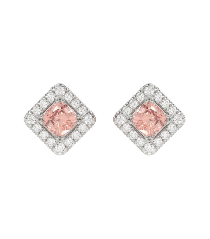 14K WHITE GOLD CRAFTED WITH 18K YELLOW GOLD BACK PLATE 1 1/4CT ROUND/PINK CUSHION DIAMOND LADIES EARRINGS