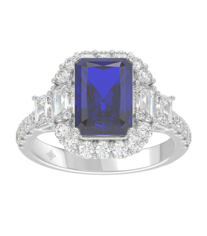 14K WHITE GOLD 4 1/2CT ROUND/EMERALD DIAMOND LADIES RING (CENTER STONE EMERALD BLUE SAPPHIRE DIAMOND 3CT)
